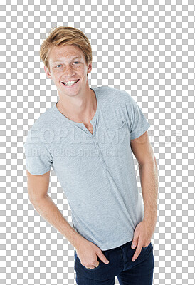 Buy stock photo Portrait, fashion and man with hands in pocket isolated on a transparent png background. Smile, ginger and male person from Switzerland standing in casual clothes, fashionable outfit or stylish shirt