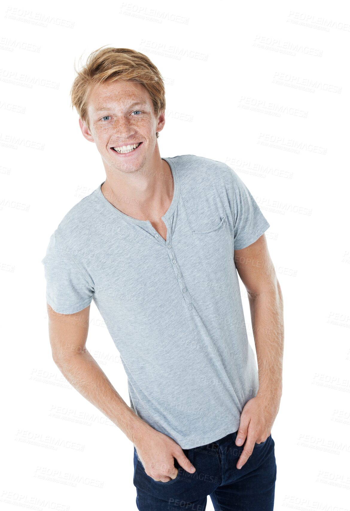 Buy stock photo Portrait, fashion and man with hands in pocket isolated on a transparent png background. Smile, ginger and male person from Switzerland standing in casual clothes, fashionable outfit or stylish shirt