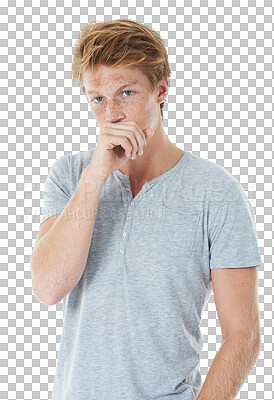 Buy stock photo Skincare, portrait of a man with freckles and isolated against a transparent png background pose for thinking. Skin condition or ginger, thoughts or think and young male person posing with confidence