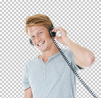 Buy stock photo Isolated ginger man, headphones and portrait with smile, music and listen by transparent png background. Young student guy, vintage headphone and sound with radio, streaming or radio in Belfast