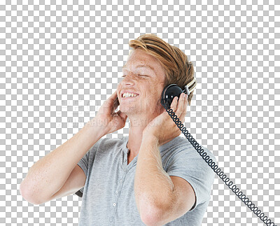 Buy stock photo Isolated ginger man, headphones and smile, music and happy listening by transparent png background. Young student guy, vintage tech and sound with radio, streaming audio and live podcast in Belfast