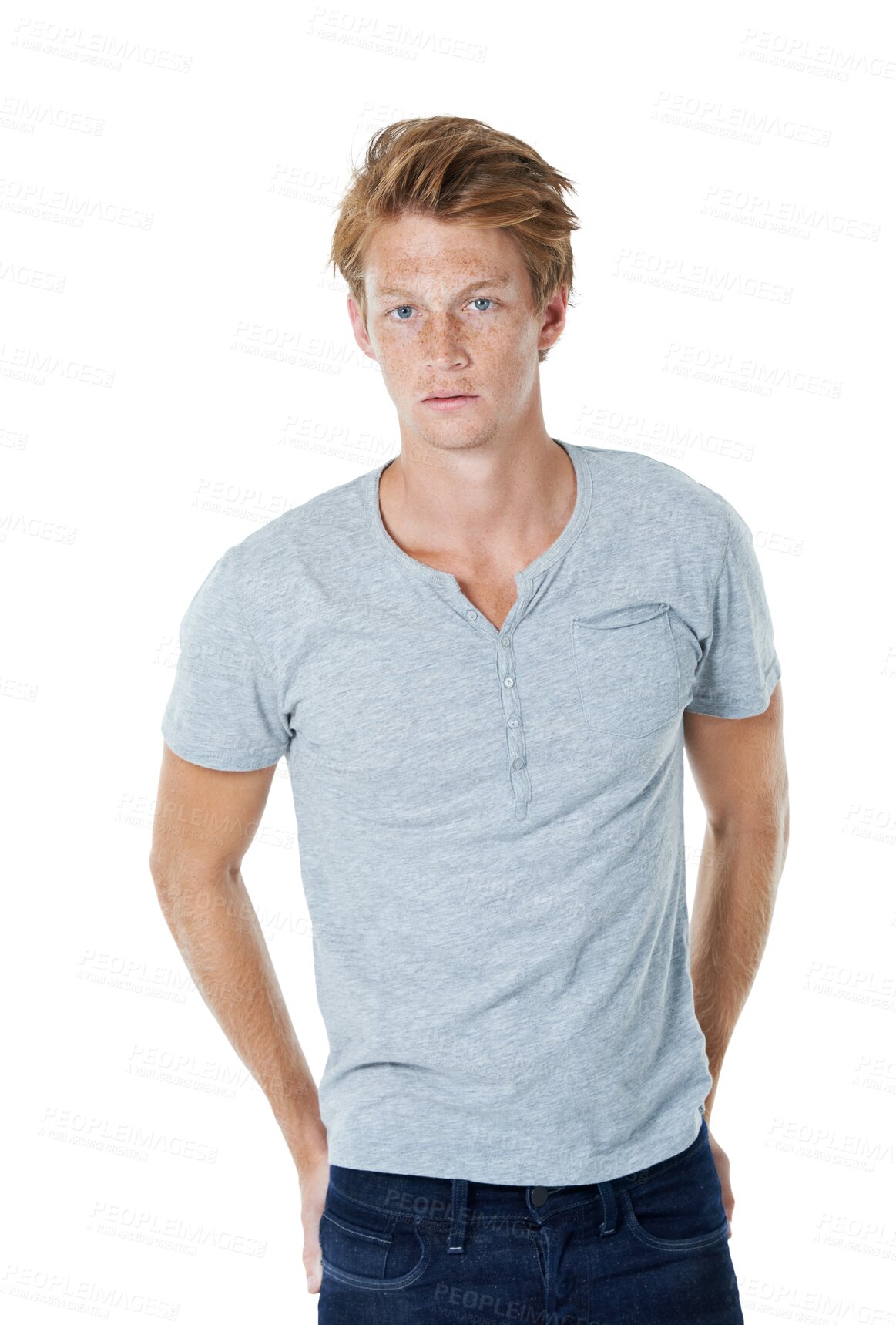 Buy stock photo Portrait, fashion and confident ginger man isolated on a transparent png background. Serious style, freckles and male person from Switzerland standing in casual clothes, outfit and stylish shirt.