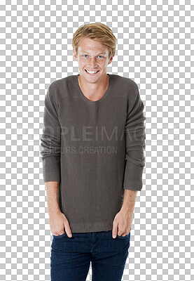 Buy stock photo Fashion, portrait and smile of ginger man isolated on a transparent png background. Style, confidence and happy male person from Switzerland standing in casual clothes, outfit and trendy sweater.