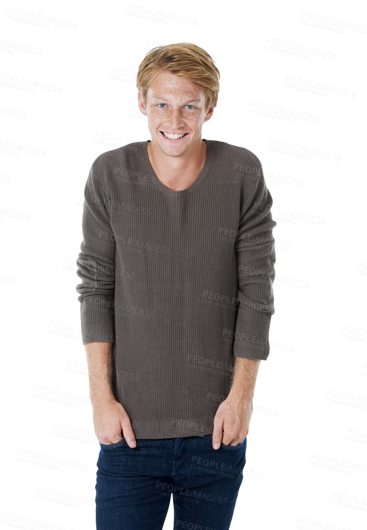 Buy stock photo Fashion, portrait and smile of ginger man isolated on a transparent png background. Style, confidence and happy male person from Switzerland standing in casual clothes, outfit and trendy sweater.