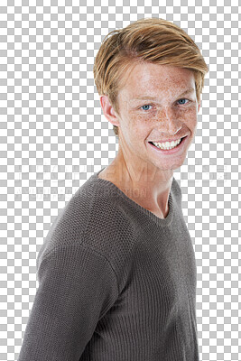 Buy stock photo Portrait, freckles and happy ginger man isolated on a transparent png background. Face, fashion style and smile of person from Switzerland standing in casual clothes, fashionable or trendy sweater.