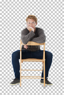 Buy stock photo Fashion, portrait and ginger man on chair isolated on a transparent png background. Style, serious and male person sitting on seat from Switzerland in casual clothes, outfit and trendy sweater.