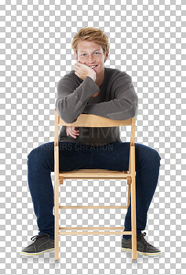 Buy stock photo Fashion, portrait and happy man on chair isolated on a transparent png background. Style, ginger freckles and smile of person sitting on seat from Switzerland in casual clothes, outfit and sweater.