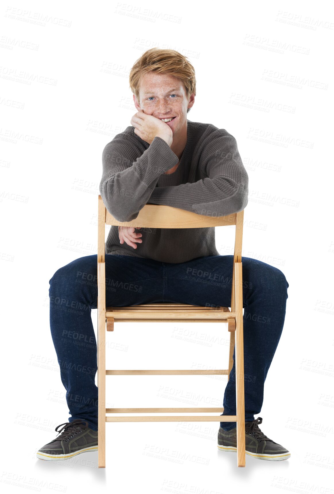 Buy stock photo Fashion, portrait and happy man on chair isolated on a transparent png background. Style, ginger freckles and smile of person sitting on seat from Switzerland in casual clothes, outfit and sweater.