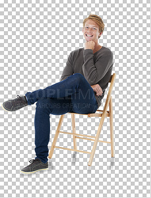 Buy stock photo Portrait, fashion and smile of man on chair isolated on a transparent png background. Style, ginger freckles and male person sitting on seat from Switzerland in casual clothes, outfit and sweater.