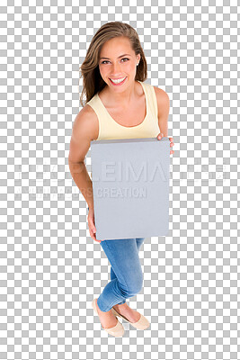 Buy stock photo Woman in portrait, poster mockup with advertising sign and high angle isolated on png transparent background. Billboard, marketing and logo, female model smile with news and information on signage