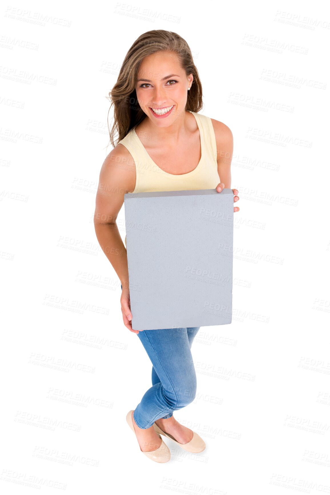 Buy stock photo Woman in portrait, poster mockup with advertising sign and high angle isolated on png transparent background. Billboard, marketing and logo, female model smile with news and information on signage