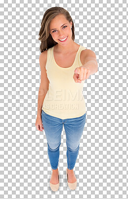 Buy stock photo Pointing to you, portrait and woman with a smile, top view and model isolated against a transparent background. Happy, female person and girl with hand gesture, accountability and png with motivation