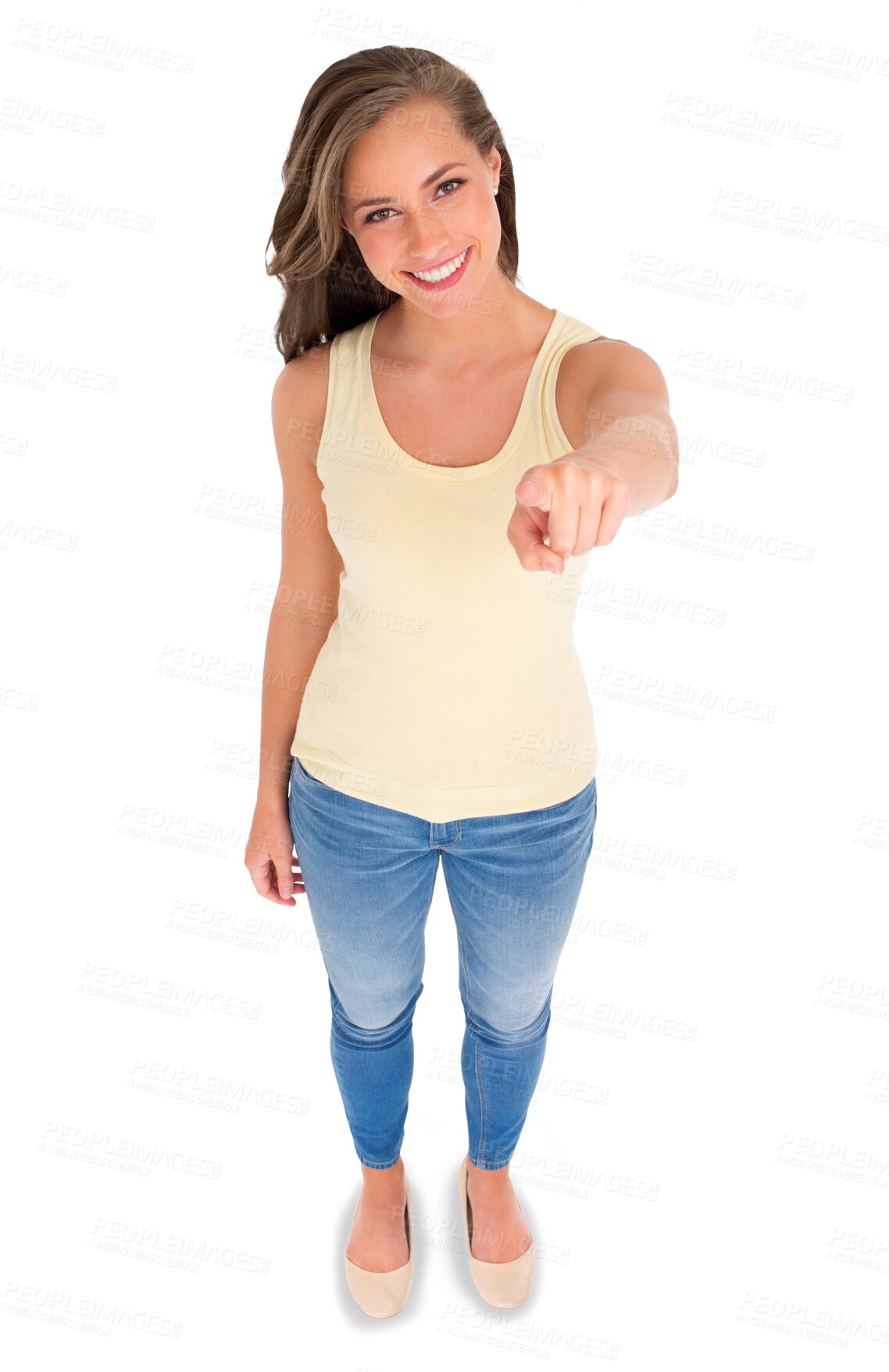 Buy stock photo Pointing to you, portrait and woman with a smile, top view and model isolated against a transparent background. Happy, female person and girl with hand gesture, accountability and png with motivation