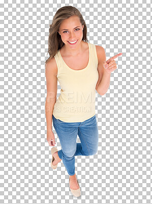 Buy stock photo Happy woman, portrait and pointing to presentation, advertising or promotion guide from above. Offer, news or fashion sale of person or model show information isolated on transparent png background