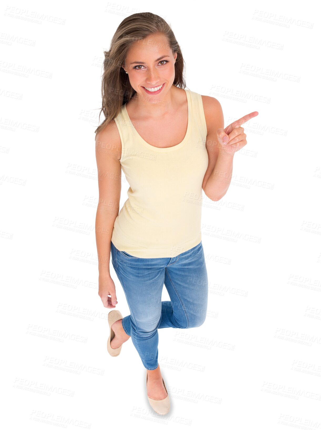 Buy stock photo Happy woman, portrait and pointing to presentation, advertising or promotion guide from above. Offer, news or fashion sale of person or model show information isolated on transparent png background