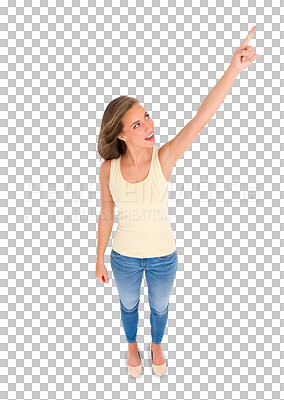 Buy stock photo Wow, woman pointing and above presentation, advertising or clothes promotion, direction or guide. Offer, news or fashion sale of person, surprise or information isolated on transparent png background