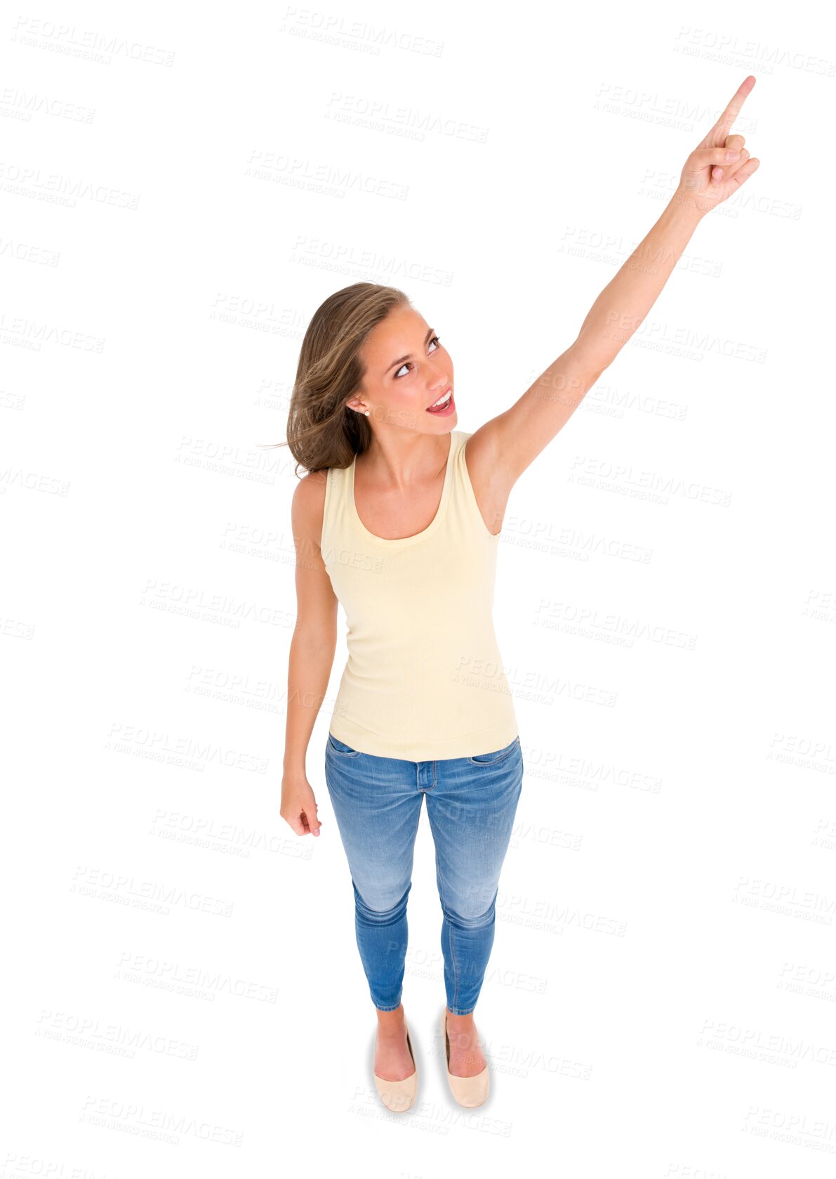 Buy stock photo Wow, woman pointing and above presentation, advertising or clothes promotion, direction or guide. Offer, news or fashion sale of person, surprise or information isolated on transparent png background