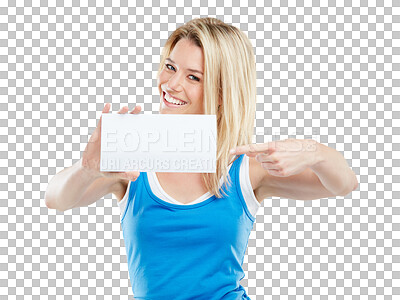 Buy stock photo Mockup, pointing and card with portrait of woman on transparent background for show, promotion and idea. Happy, sign and paper with person isolated on png for announcement, logo and presentation