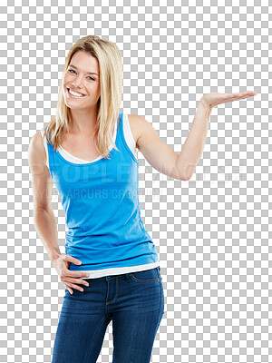 Buy stock photo Portrait, happy woman or hand space for product promotion isolated on transparent png background. Choice, smile or excited person smiling with a marketing sign or gesture showing announcement or news