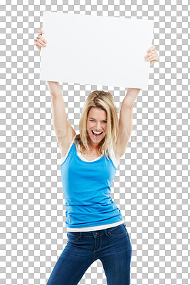 Buy stock photo Portrait, poster mockup or happy woman with promotion offer isolated on transparent png background. Branding, announcement or excited person smiling with marketing board sign or showing good news