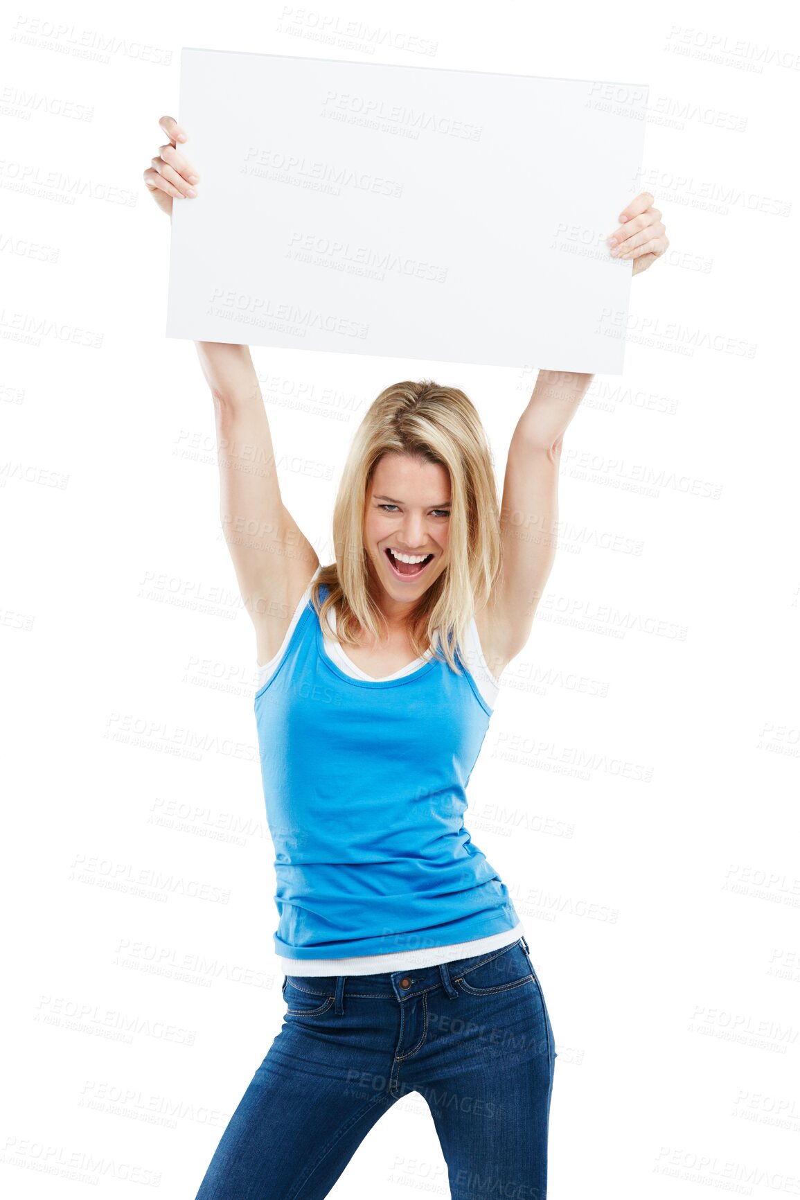 Buy stock photo Portrait, poster mockup or happy woman with promotion offer isolated on transparent png background. Branding, announcement or excited person smiling with marketing board sign or showing good news