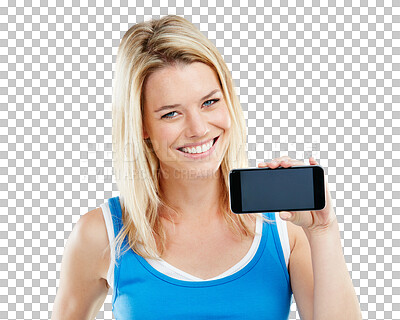 Buy stock photo Mockup, mobile or portrait of happy woman with screen space isolated on transparent png background. Smile, logo display or person with phone digital technology for advertising, marketing or branding 