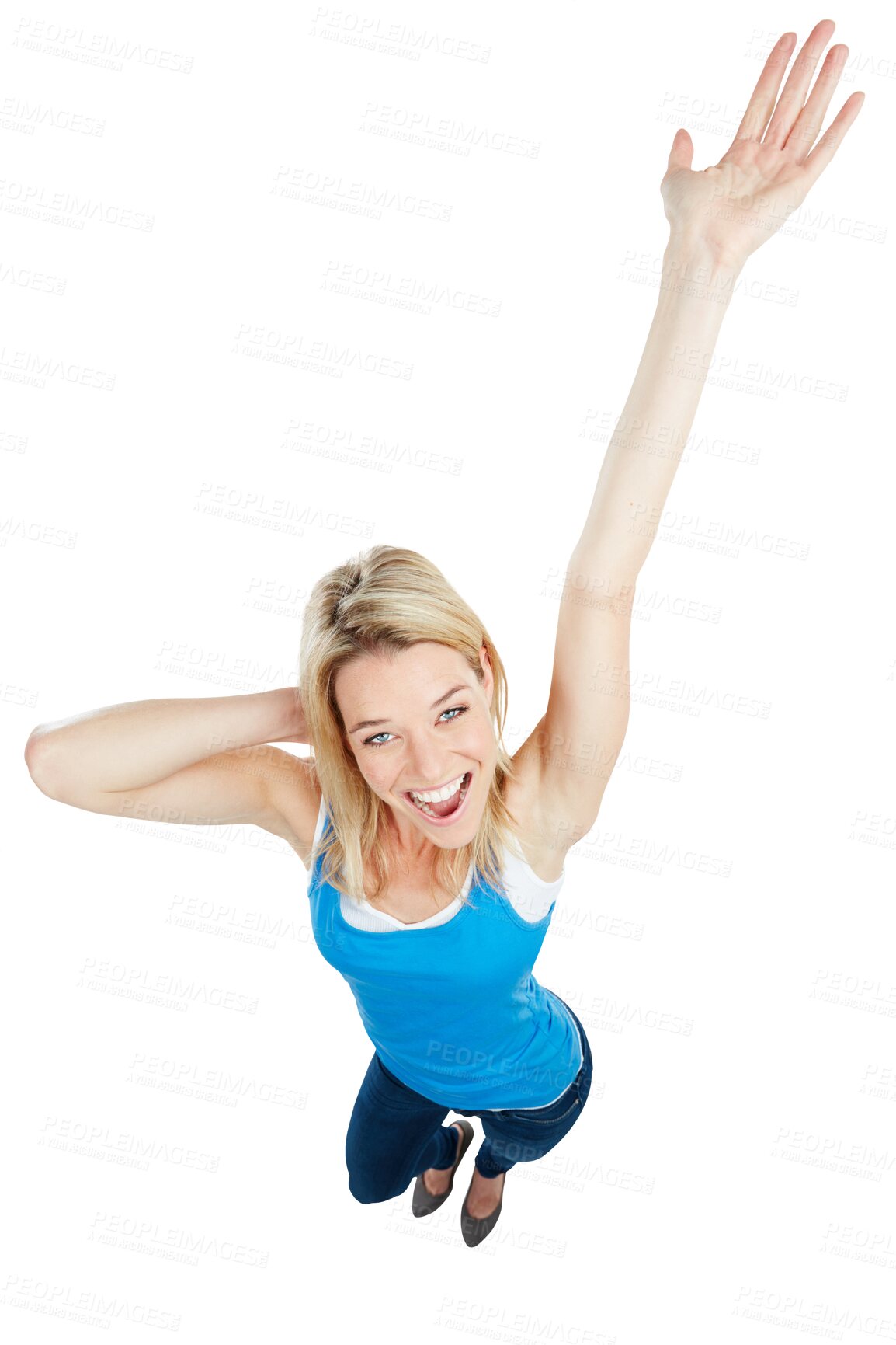 Buy stock photo Celebration, high angle and portrait of a woman screaming, shouting or cheering with confidence. Happy, smile and excited and full body of a young female model isolated by transparent png background.