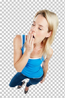 Buy stock photo Tired, fatigue and woman yawn, bored and lazy in overhead view isolated in a transparent or png background covering mouth. Nap, sleepy and young female person with insomnia, burnout or fatigue