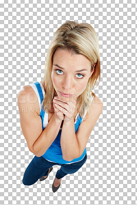 Buy stock photo Apology, forgive or portrait of woman begging for forgiveness, sympathy and hope for help. Respect, high angle or person sorry for mistake, problem or argument isolated on transparent, png background