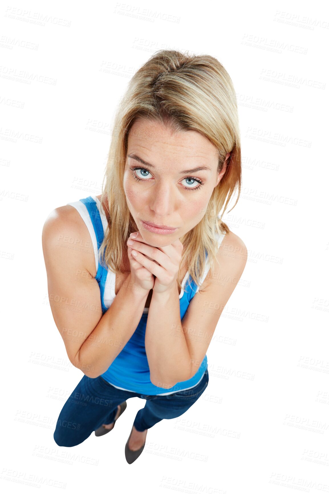 Buy stock photo Apology, forgive or portrait of woman begging for forgiveness, sympathy and hope for help. Respect, high angle or person sorry for mistake, problem or argument isolated on transparent, png background