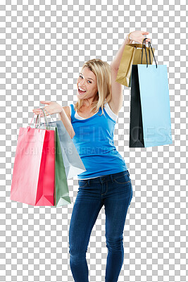 Buy stock photo Shopping bag, fashion and portrait of woman excited on isolated, png and transparent background. Retail mall, buying and happy female person celebrate sale, discount and bargain for clothes store