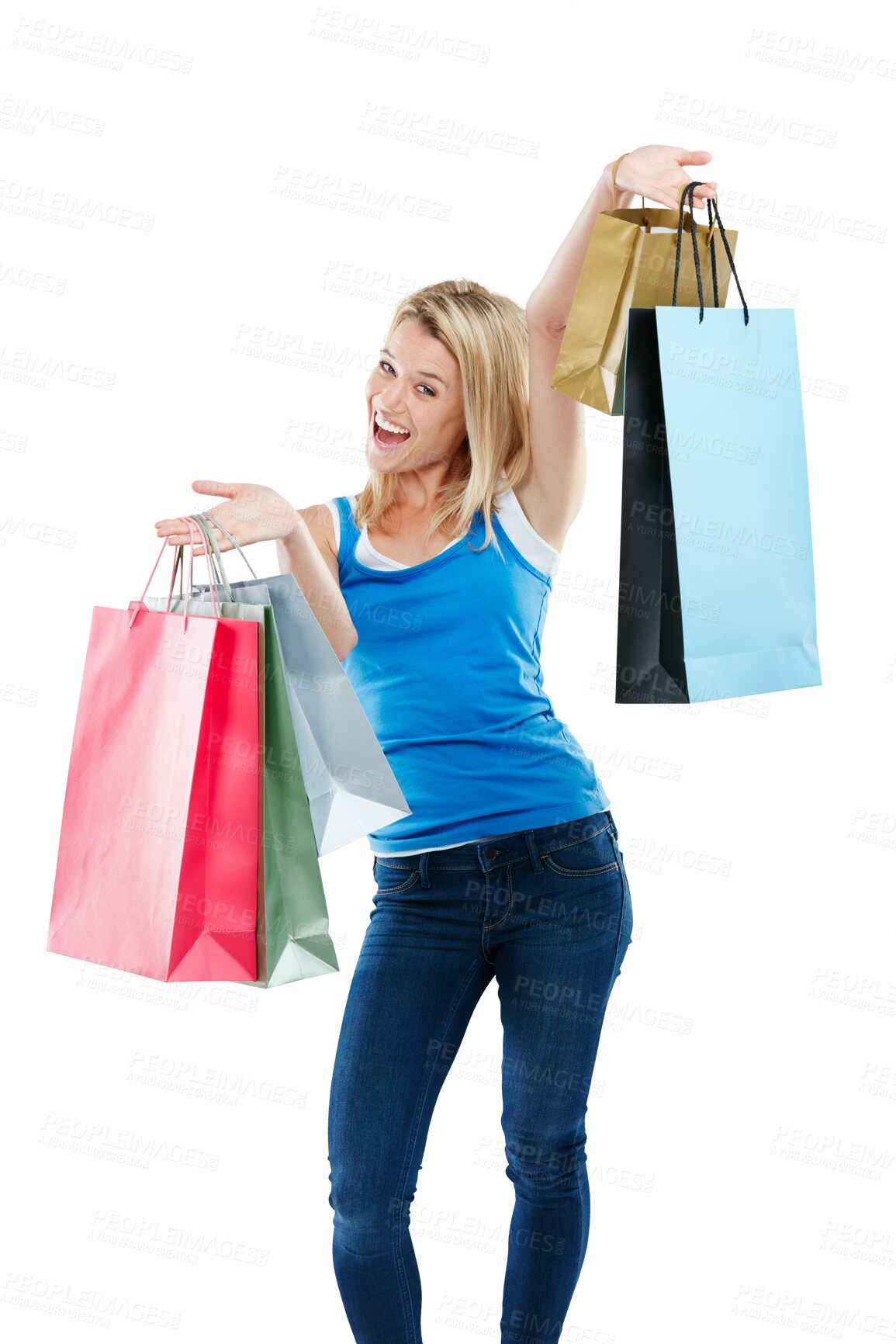 Buy stock photo Shopping bag, fashion and portrait of woman excited on isolated, png and transparent background. Retail mall, buying and happy female person celebrate sale, discount and bargain for clothes store