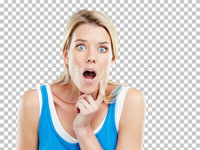 Buy stock photo Surprise, shock and woman portrait with wow isolated on a transparent, png background. Young female, fear and shocked from announcement and gossip feeling alert from news and omg face with thinking 