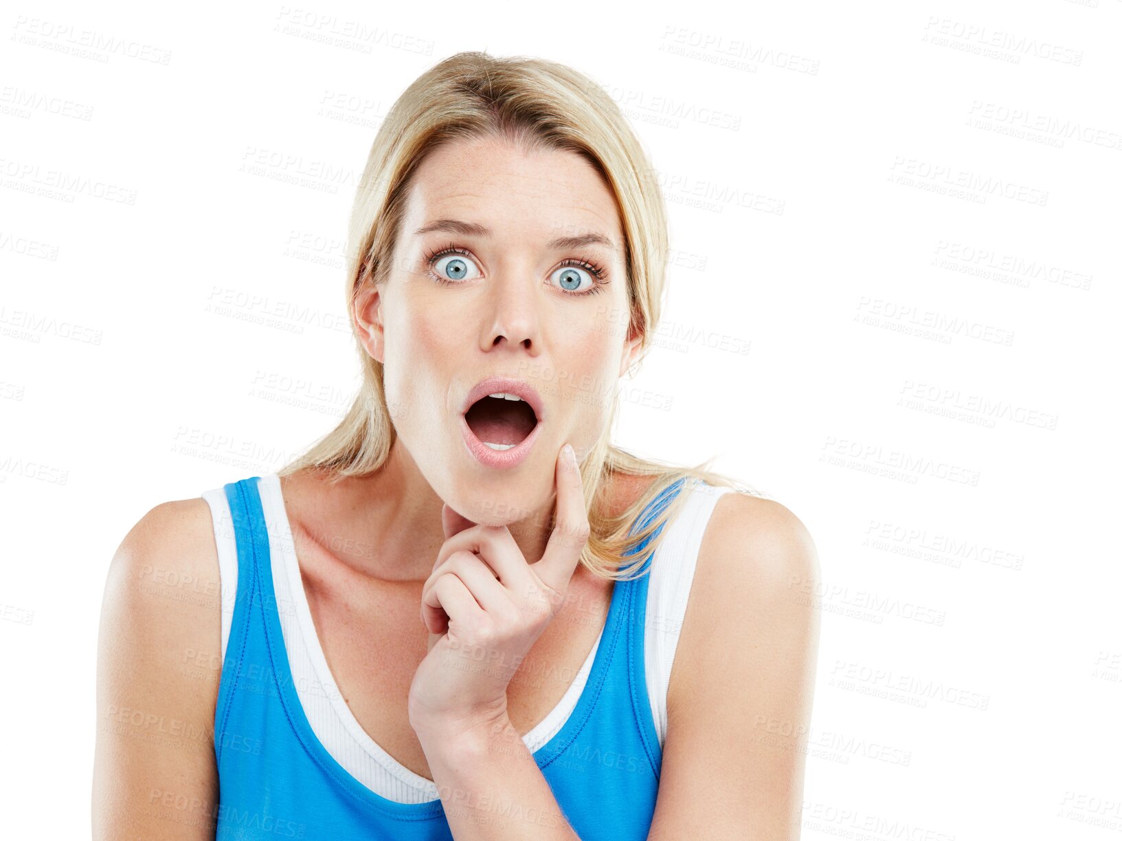 Buy stock photo Surprise, shock and woman portrait with wow isolated on a transparent, png background. Young female, fear and shocked from announcement and gossip feeling alert from news and omg face with thinking 