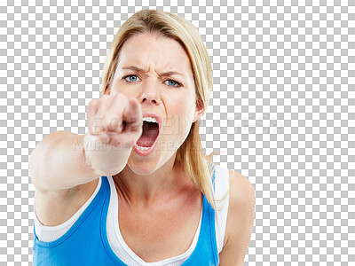 Buy stock photo Angry, pointing and portrait of woman screaming in an argument, fight or conversation. Upset, moody and young female person shouting or yelling with her finger isolated by transparent png background.