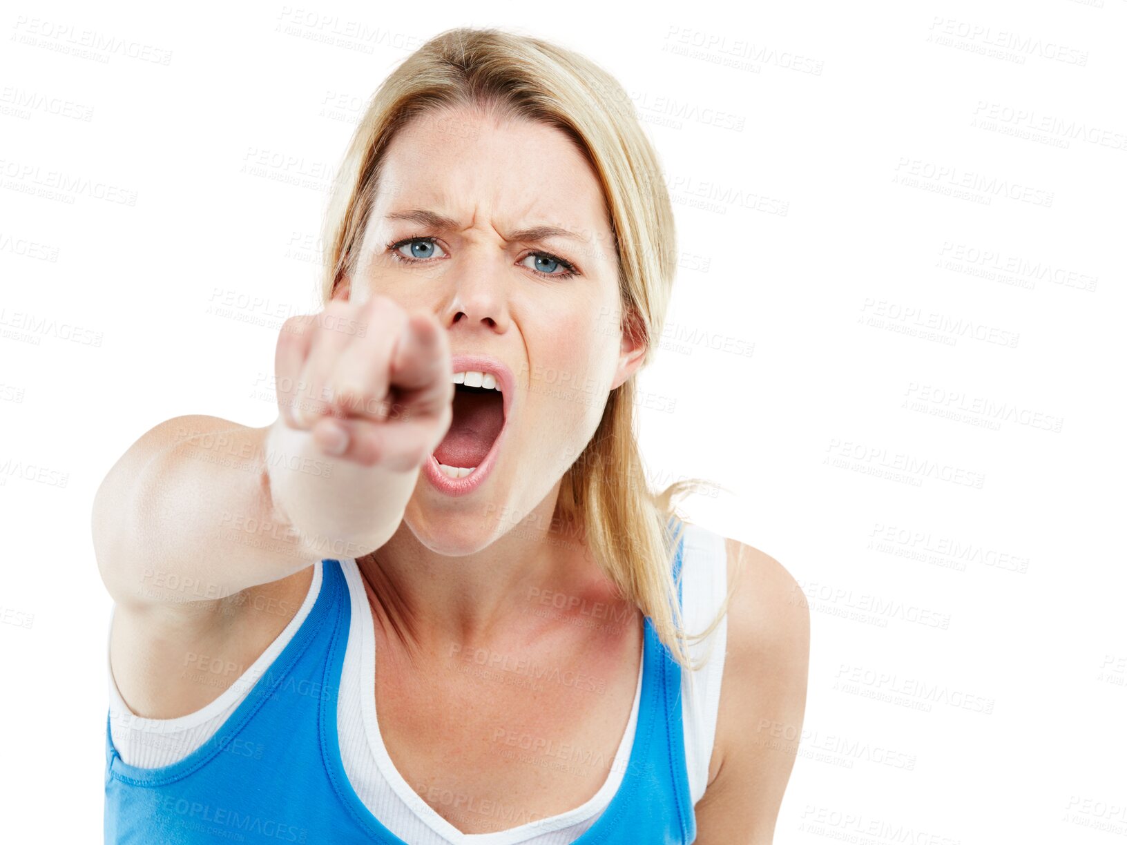 Buy stock photo Angry, pointing and portrait of woman screaming in an argument, fight or conversation. Upset, moody and young female person shouting or yelling with her finger isolated by transparent png background.