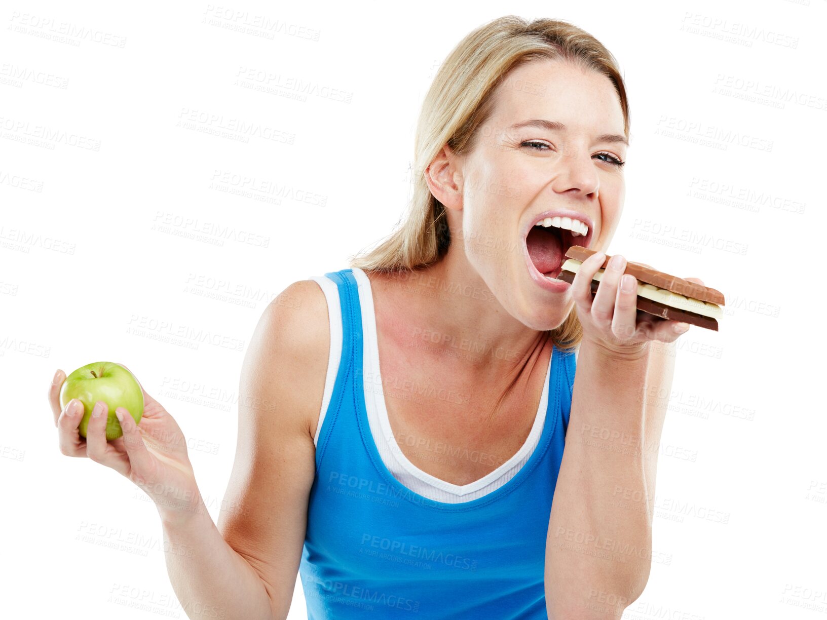 Buy stock photo Choose, portrait and woman with an apple and chocolate for diet or sweet snack, dessert or treat. Nutrition, decide and young female model with candy and fruit isolated by transparent png background.