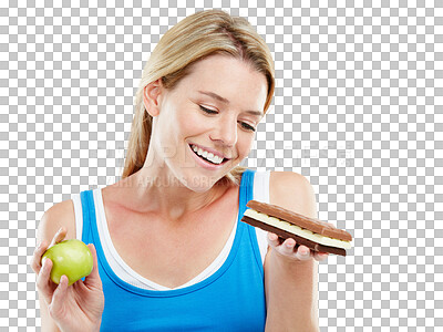 Buy stock photo Chocolate, apple or happy woman with food choice between unhealthy dessert or healthy nutrition fruit. Decision, hungry or person choose sweets, candy or snack isolated on transparent, png background