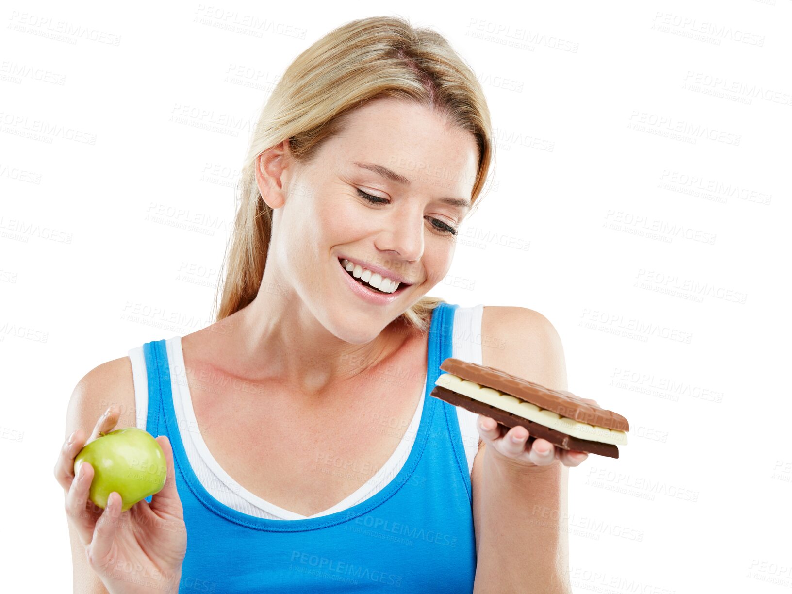 Buy stock photo Chocolate, apple or happy woman with food choice between unhealthy dessert or healthy nutrition fruit. Decision, hungry or person choose sweets, candy or snack isolated on transparent, png background