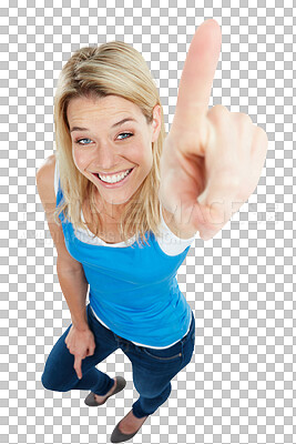 Buy stock photo Excited, pointing up and woman portrait with a smile isolated on a transparent, png background. Happy, emoji and hand gesture of young female person with promo announcement and advertisement deal