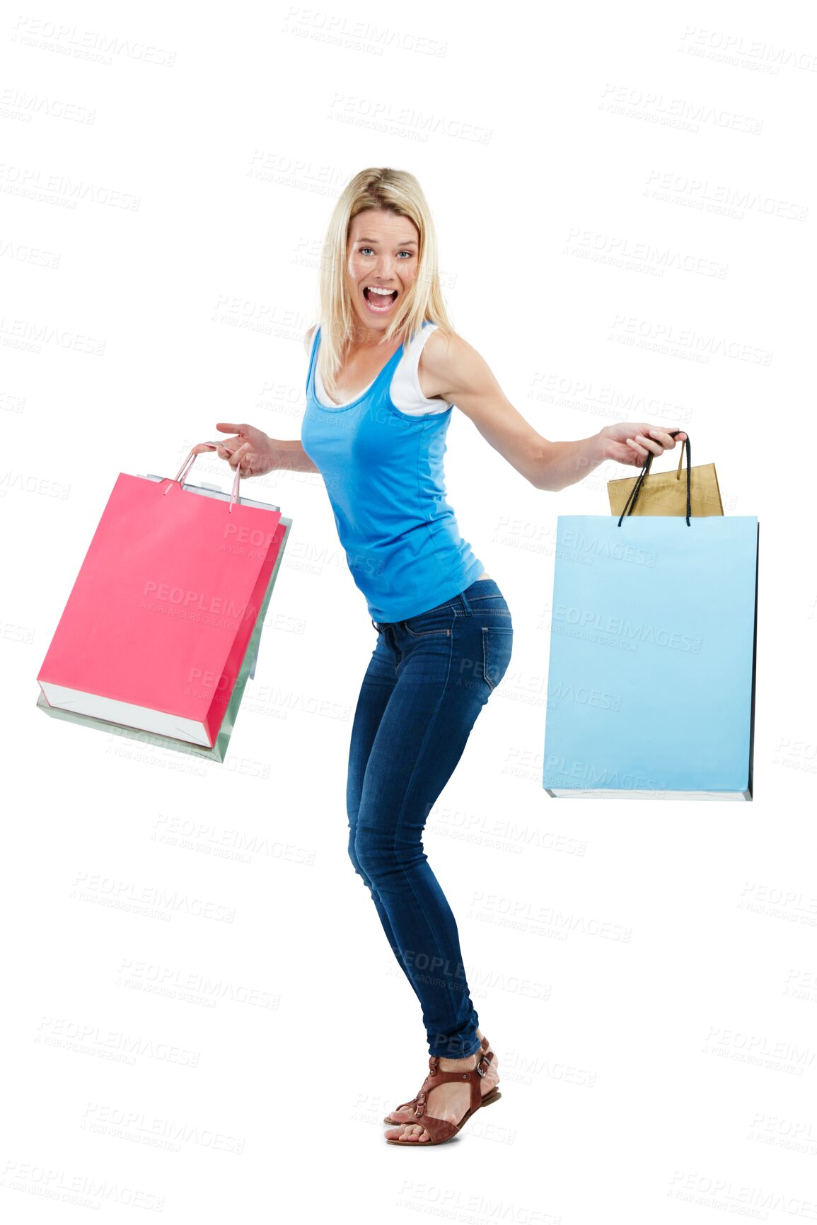 Buy stock photo Shopping bag, excited and portrait of woman with deal on isolated, png and transparent background. Retail fashion, celebration and happy female person with sale, discount and bargain for clothes