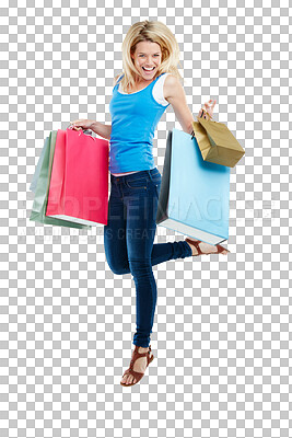 Buy stock photo Shopping bag, portrait and woman jump with happiness for retail fashion spree, sales discount or Black Friday deal. Promotion, gift purchase and excited person isolated on transparent, png background