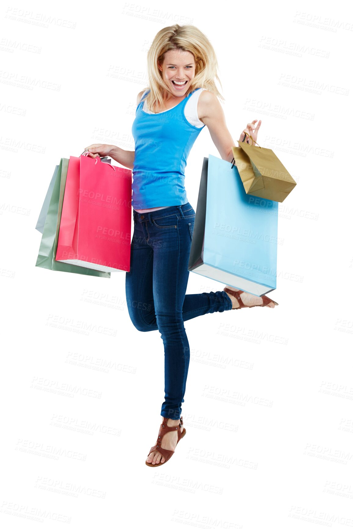 Buy stock photo Shopping bag, portrait and woman jump with happiness for retail fashion spree, sales discount or Black Friday deal. Promotion, gift purchase and excited person isolated on transparent, png background