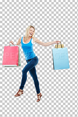 Buy stock photo Shopping bag, excited and portrait of woman jump on isolated, png and transparent background. Retail fashion, purchase and happy female person celebrate sale, discount and bargain for clothes promo