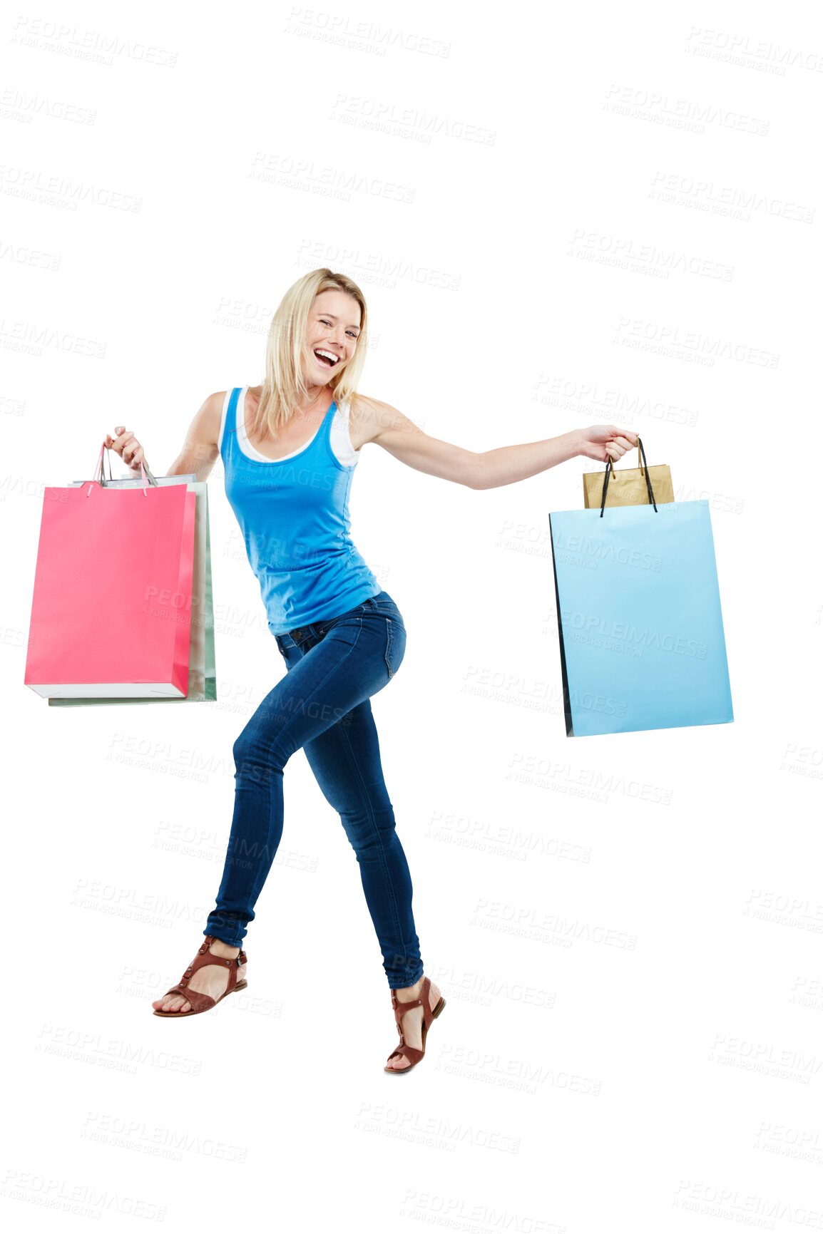 Buy stock photo Shopping bag, excited and portrait of woman jump on isolated, png and transparent background. Retail fashion, purchase and happy female person celebrate sale, discount and bargain for clothes promo