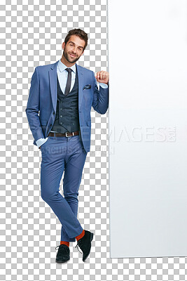 Buy stock photo Business man, smile and poster or banner mockup for advertising, fashion or announcement. Male person with blank board, billboard or space for presentation isolated on a transparent, png background