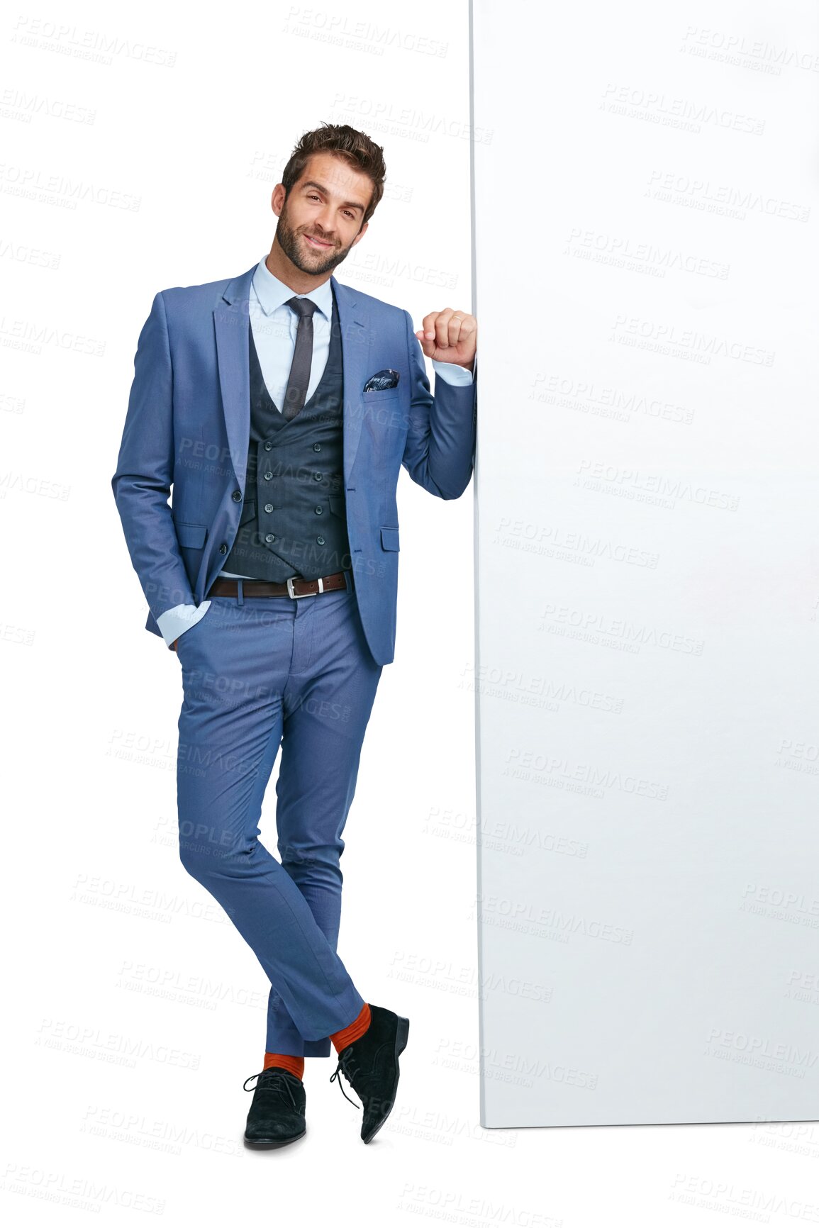 Buy stock photo Business man, smile and poster or banner mockup for advertising, fashion or announcement. Male person with blank board, billboard or space for presentation isolated on a transparent, png background