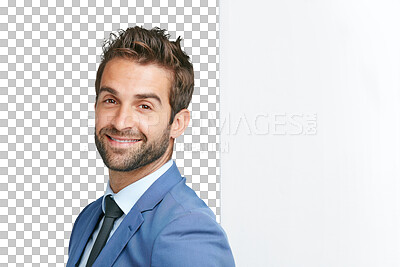 Buy stock photo Smile, businessman and face with blank banner or wall for advertising or announcement. Male person portrait with mockup board, billboard or brand logo space isolated on a transparent, png background