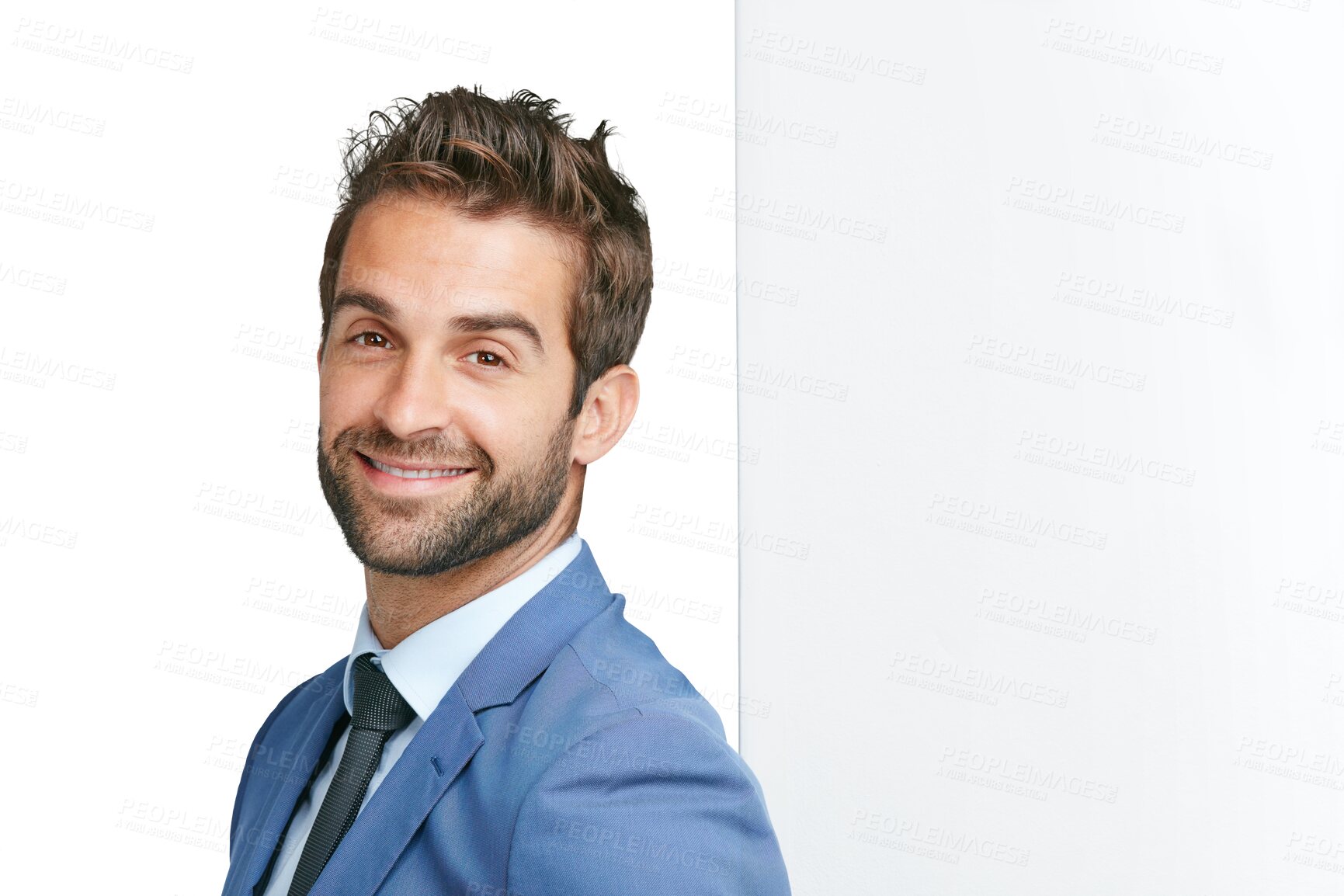 Buy stock photo Smile, businessman and face with blank banner or wall for advertising or announcement. Male person portrait with mockup board, billboard or brand logo space isolated on a transparent, png background