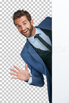 Buy stock photo Surprise, man and portrait with blank banner or poster mockup for advertising announcement. Excited male person with hand and board, sign or brand logo space isolated on a transparent, png background